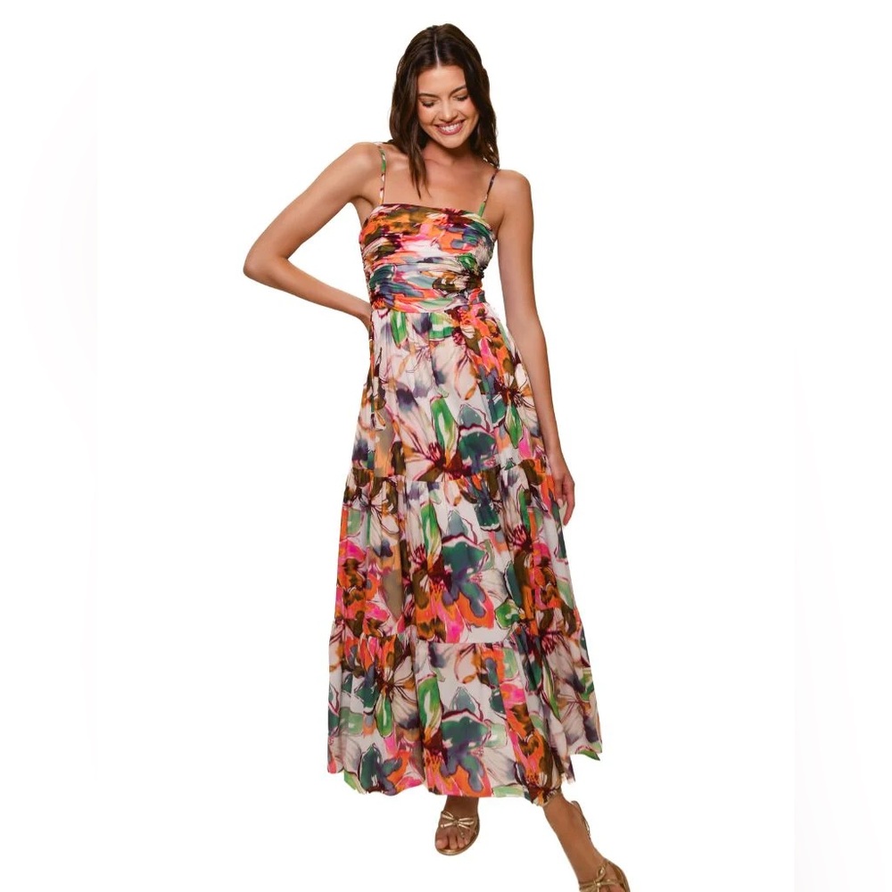 Hutch Bethy Ruched Tiered Maxi Dress – Blush Rainbow Watercolor Floral